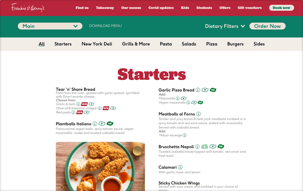 Frankie & Benny's menu example